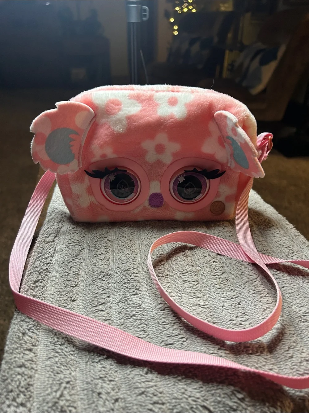 Kids Plush Pink Floral Crossbody Bag with Playful Eye Detail